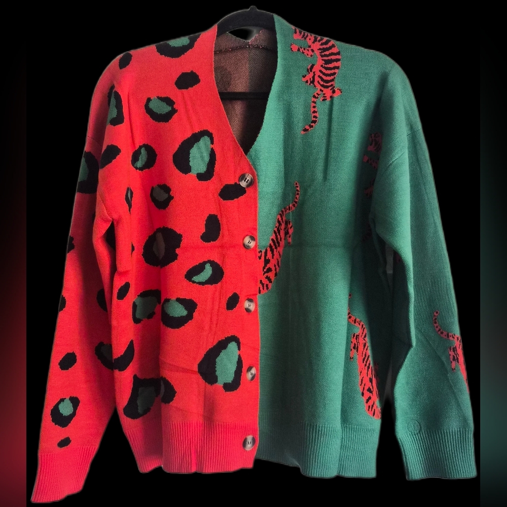 Bold Two-Tone Leopard Print Cardigan - Red & Teal Green